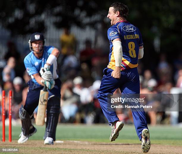 Nathan McCullum of Otago celebrates after bowling Lou Vincent of Auckland during the HRV Cup Twenty20 match between the Auckland Aces and the Otago...