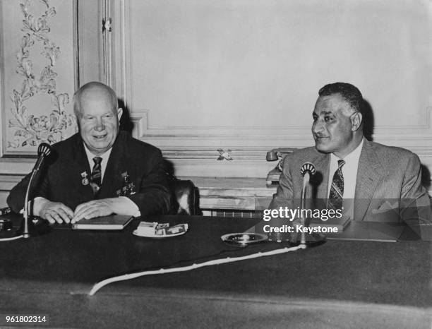 Russian leader Nikita Khrushchev with Egyptian President Gamal Abdel Nasser at the Koubbeh Palace in Cairo, Egypt, at the start of a 17-day tour of...