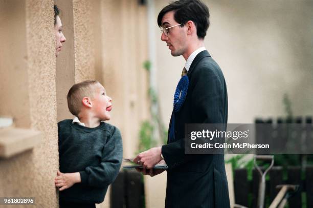 Conservative candidate Jacob Rees-Mogg canvasses support on a housing estate in Groban, Leven, part of the Labour-held constituency of Central Fife...