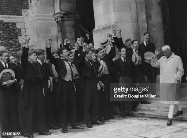 Indian Prime Minister Jawaharlal Nehru is cheered by the boys as he visits his alma mater, Harrow School, 2nd May 1960. Nehru is in the UK for the...
