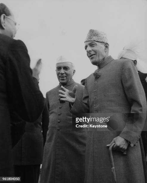 Indian Prime Minister Jawaharlal Nehru meets Malik Ghulam Muhammad , the Governor-General of Pakistan, upon the latter's arrival in Delhi to attend...