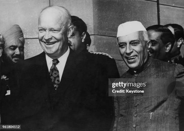 President Dwight D. Eisenhower with Indian Prime Minister Jawaharlal Nehru at the Rashtrapati Bhavan in New Delhi, during Eisenhower's Goodwill Tour,...