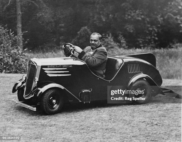 Digvijaysinhji Ranjitsinhji , the Maharaja Jam Sahib of Nawanagar, tries out the Rytecraft Special midget car he has just bought for his daughter,...