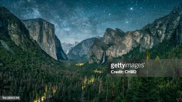 yosemite illuminated by waxing crescent moonlight with rising milky way. - half dome stock pictures, royalty-free photos & images
