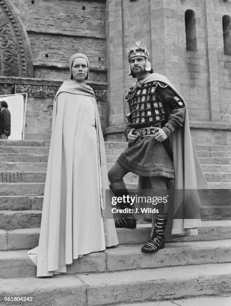 Actors Liv Ullmann and Franco Nero as Pope Joan and Louis, during the filming of 'Pope Joan' at Bray Studios, UK, circa 1972. The film is directed by...