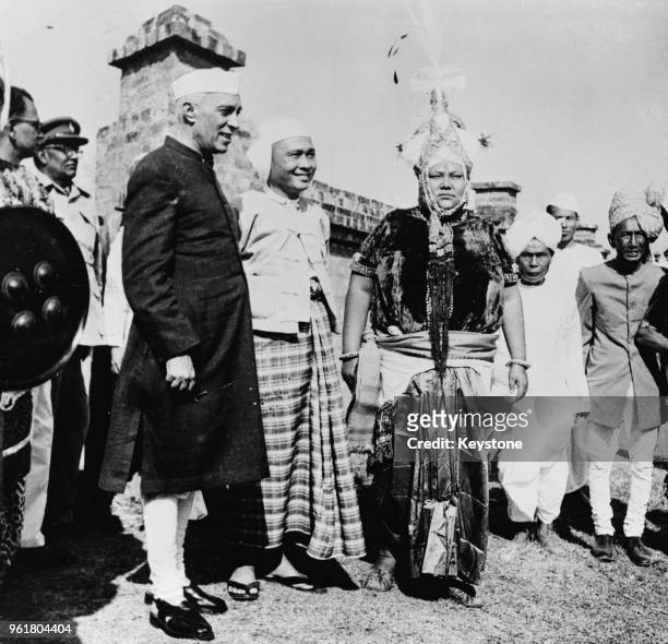 From left to right, Jawaharlal Nehru , Prime Minister of India, with U Nu , Prime Minister of Burma and Sri Bodhchandra Singh of Manipur, during a...