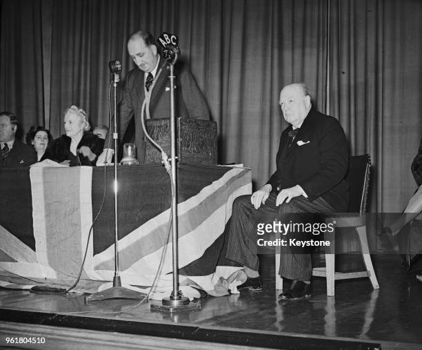 Colonel Augustus Charles Newman, VC of the British Army speaks at the Buckhurst Hill County High School before Winston Churchill's address, as part...