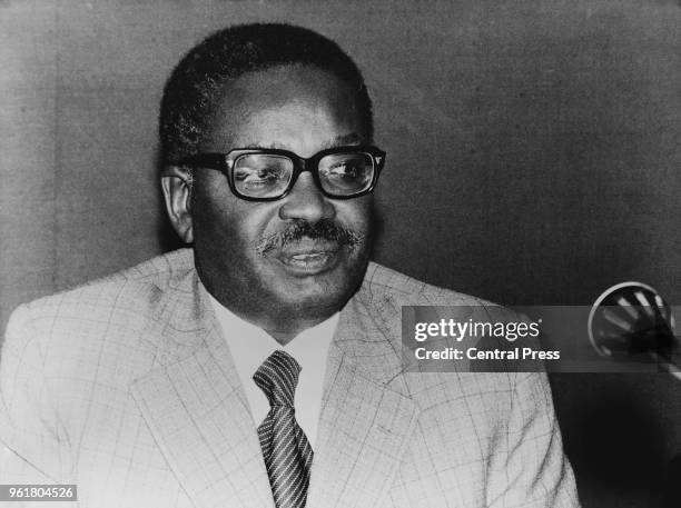 Agostinho Neto leader of the People's Movement for the Liberation of Angola , during a press conference in Brussels, Belgium, 1975.