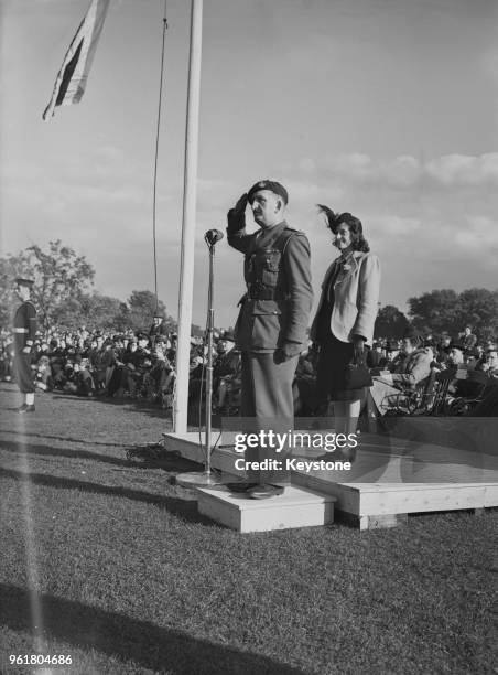 Lieutenant Colonel Augustus Charles Newman, VC of the British Army and pilot Jean Batten take the salute at a youth rally in Hyde Park, London, at...