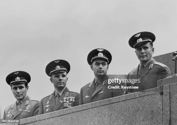 From left to right, Soviet cosmonauts Gherman Titov , Yuri Gagarin , Andriyan Nikolayev and Pavel Popovich , Moscow, August 1962.