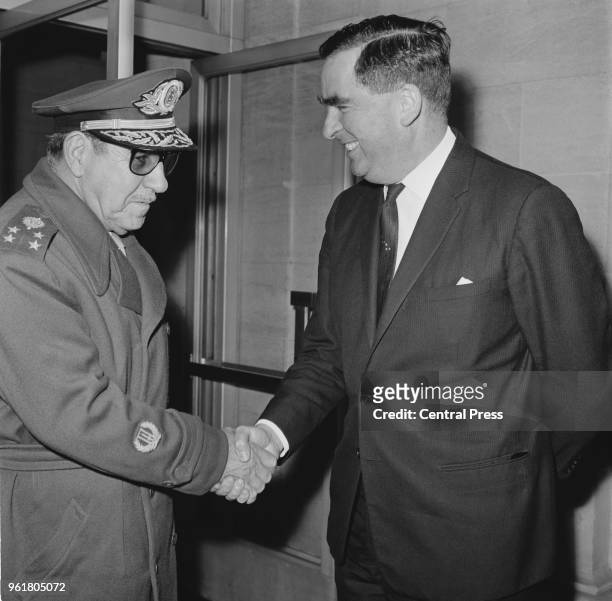 Artur da Costa e Silva , the Brazilian Minister of War meets Denis Healey , the Secretary of State for Defence, at the Ministry of Defence in...