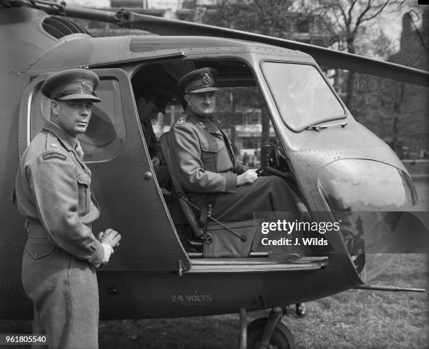 Field Marshal Sir William Slim , Chief of the Imperial General Staff, takes off by helicopter from Burton Court near the Royal Hospital in Chelsea,...