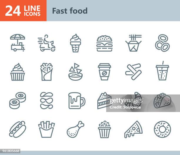 ilustraciones, imágenes clip art, dibujos animados e iconos de stock de comida rápida - los iconos de vector de línea - unhealthy eating