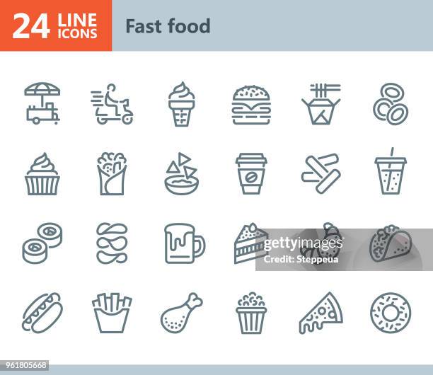 illustrazioni stock, clip art, cartoni animati e icone di tendenza di fast food - icone vettoriali di linea - alimentazione non salutare