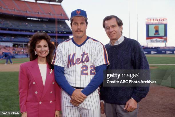 Susan Lucci, Kevin McReynolds, Helmut Huber, visiting Mets Stadium.