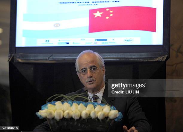 Argentine Foreign Minister Jorge Taiana delivers his speech at a luncheon with Chinese and Argentine businessmen in Beijing on January 26, 2010....