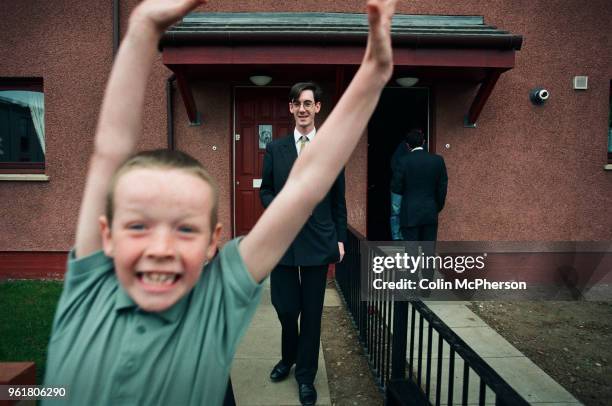 Conservative candidate Jacob Rees-Mogg canvasses support on a housing estate in Groban, Leven, part of the Labour-held constituency of Central Fife...