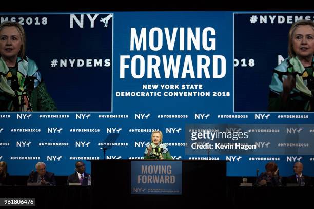 Hillary Clinton delivers a speech during the New York Democratic convention at Hofstra University on May 23, 2018 in Hempstead, New York. Clinton...