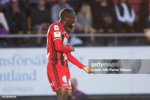 Ronald Mukibi of Ostersunds FK reacts during the Allsvenskan match between Ostersunds FK and IK Sirius FK at Jamtkraft Arena on May 23, 2018 in...