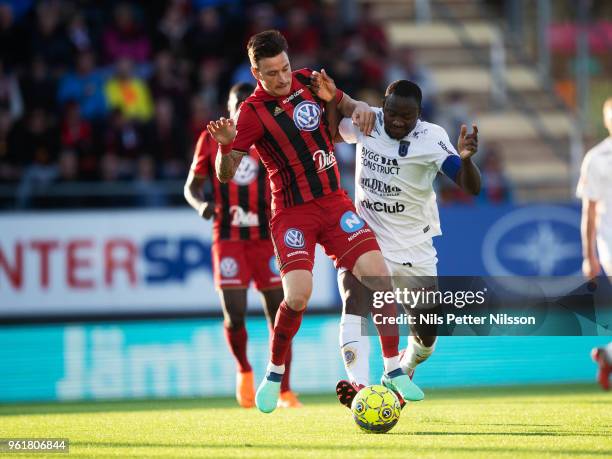 Jamie Hopcutt of Ostersunds FK and Moses Ogbu of IK Sirius FK competes for the ball during the Allsvenskan match between Ostersunds FK and IK Sirius...