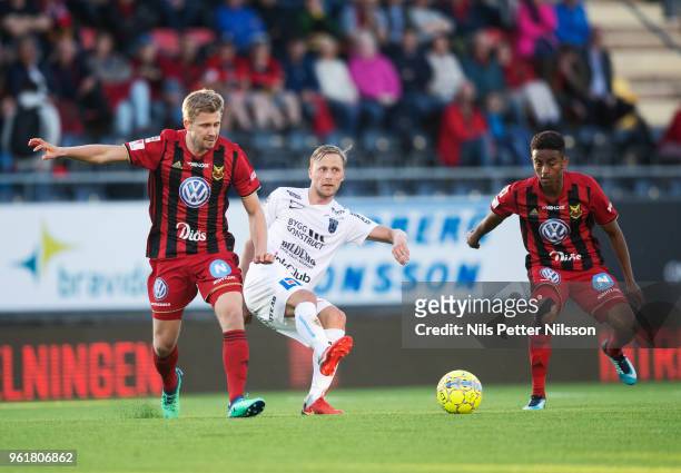 Ludvig Fritzon of Ostersunds FK and Christer Gustafsson of IK Sirius FK competes for the ball during the Allsvenskan match between Ostersunds FK and...
