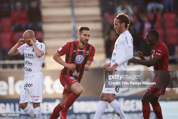 Sotirios Papagianopoulos of Ostersunds FK celebrates after scoring to 5-2 during the Allsvenskan match between Ostersunds FK and IK Sirius FK at...