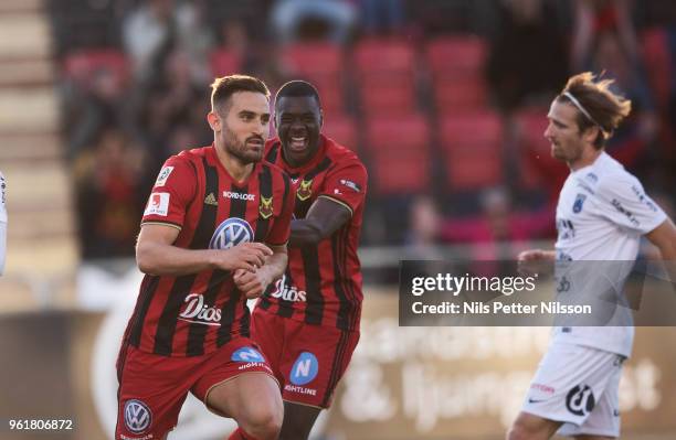 Sotirios Papagianopoulos of Ostersunds FK celebrates after scoring to 5-2 during the Allsvenskan match between Ostersunds FK and IK Sirius FK at...