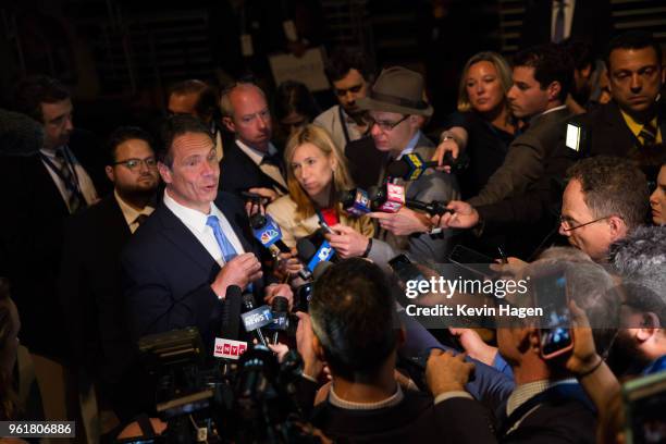 Gov. Andrew Cuomo speaks to the press during the New York Democratic convention at Hofstra University on May 23, 2018 in Hempstead, New York. Hillary...