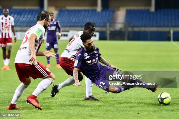 Jimmy Durmaz of Toulouse and Mohamed Camara of Ajaccio during the Ligue 1 playoff match between AC Ajaccio and FC Toulouse at Stade de la Mosson on...