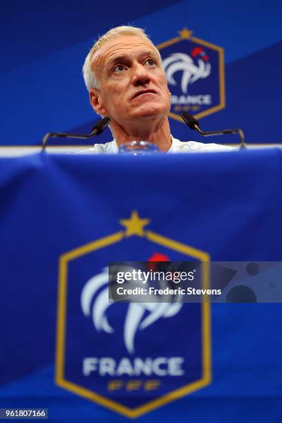 French National Team head coach Didier Deschamps gestures during the press conference where les Bleus gathered for the start of their World Cup...