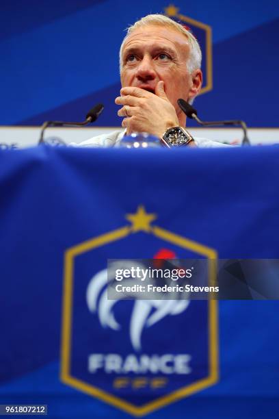 French National Team head coach Didier Deschamps gestures during the press conference where les Bleus gathered for the start of their World Cup...