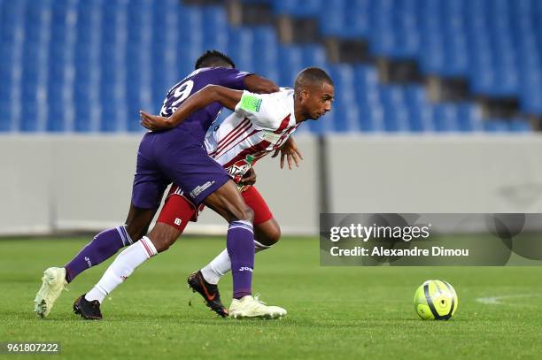 Yann Boe Kane of Ajaccio and Somalia of Toulouse during the Ligue 1 playoff match between AC Ajaccio and FC Toulouse at Stade de la Mosson on May 23,...