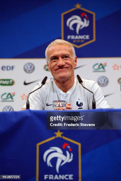 French National Team head coach Didier Deschamps gestures during the press conference where les Bleus gathered for the start of their World Cup...