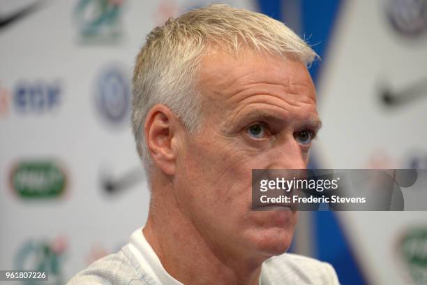 French National Team head coach Didier Deschamps gestures during the press conference where les Bleus gathered for the start of their World Cup...