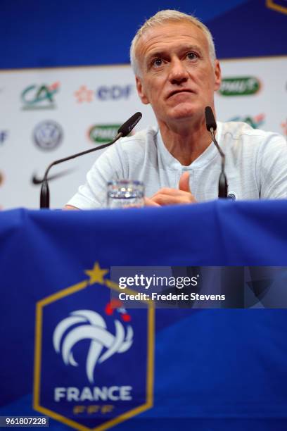 French National Team head coach Didier Deschamps gestures during the press conference where les Bleus gathered for the start of their World Cup...