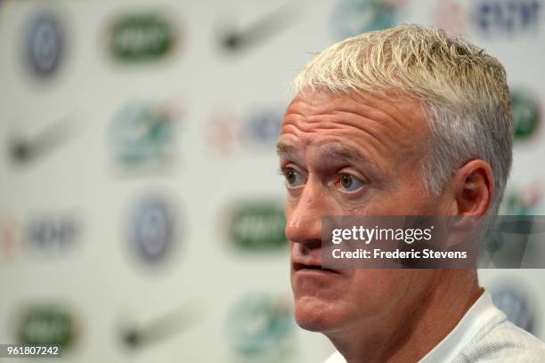 French National Team head coach Didier Deschamps gestures during the press conference where les Bleus gathered for the start of their World Cup...