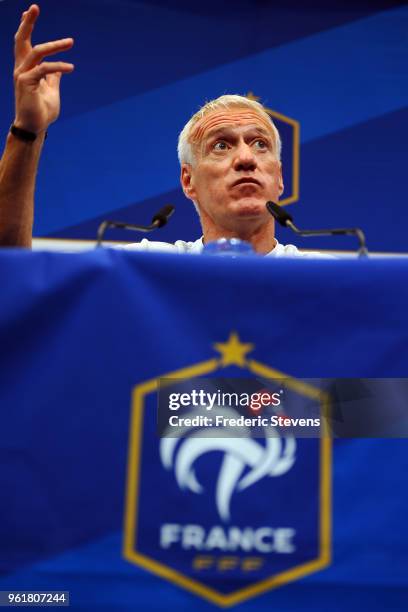 French National Team head coach Didier Deschamps gestures during the press conference where les Bleus gathered for the start of their World Cup...