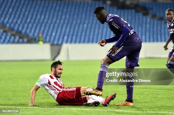 Yaya Sanogo of Toulouse and Anthony Marin of Ajaccio during the Ligue 1 playoff match between AC Ajaccio and FC Toulouse at Stade de la Mosson on May...