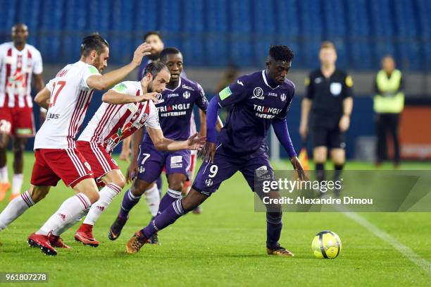Yaya Sanogo of Toulouse during the Ligue 1 playoff match between AC Ajaccio and FC Toulouse at Stade de la Mosson on May 23, 2018 in Montpellier,...