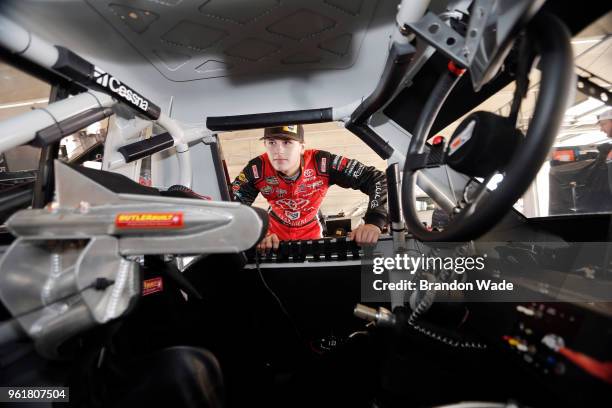 Driver Todd Gilliland inspects his car during the Speeding To Read event at Texas Motor Speedway on Wednesday, May 23, 2018 in Fort Worth, Texas.