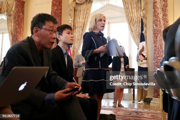 News correspondent Andrea Mitchell asks questions of U.S. Secretary of State Mike Pompeo and Chinese Foreign Minister Wang Yi during a news...