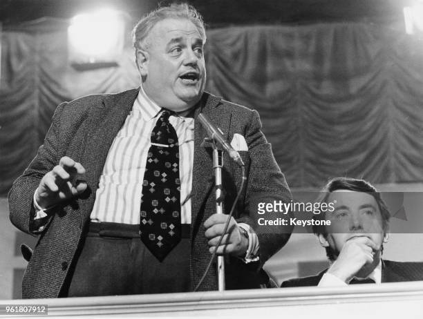 Cyril Smith , the Liberal MP for Rochdale, addresses the Liberal Party Conference in Margate, 27th September 1979. On the right is party leader David...