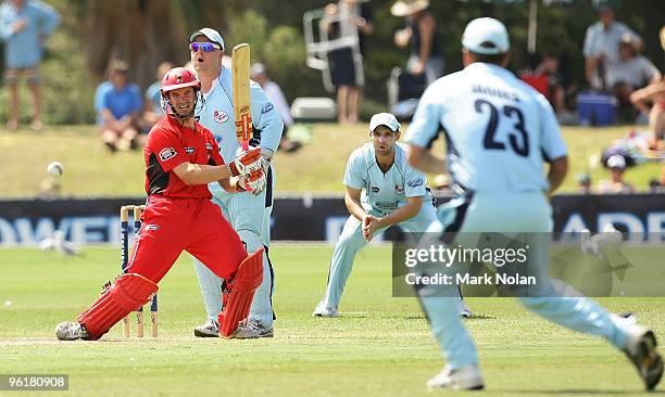 Michael Klinger of the Redbacks bats during the Ford Ranger Cup match between the Blues and the Redbacks at North Dalton Park on January 26, 2010 in...