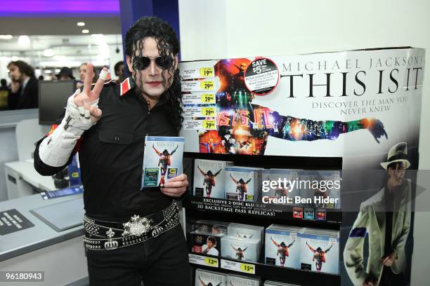 Winning Michael Jackson impersonator Pete Carter attends the Michael Jackson's 'This Is It' midnight madness DVD release celebration at Best Buy on...
