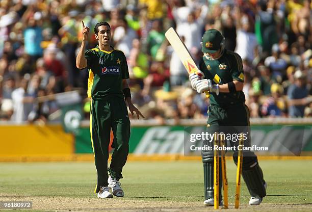 Umar Gul of Pakistan celebrates the wicket of Michael Clarke of Australia during the third One Day International between Australia and Pakistan at...