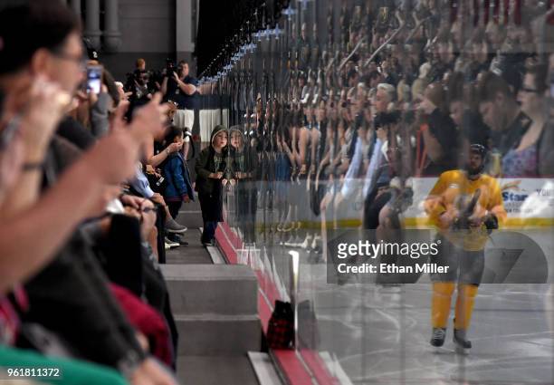 Fans watch Vegas Golden Knights players hold their first practice since winning the Western Conference Finals at City National Arena on May 23, 2018...
