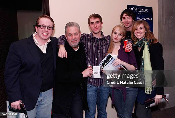 Uim Heiner, Victor Rickman, Connor Rickman, Sarah Hauny, Collin McDermoll and Katie Staszkan attend the Film Utah Magazine launch party at Main Event...