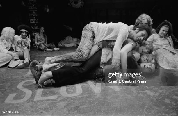 From top to bottom, actors Peter Straker, Paul Nicholas, Annabel Leventon and Oliver Tobias during rehearsals for the musical 'Hair' at the...