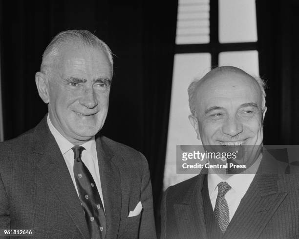 British Foreign Secretary Michael Stewart with Amintore Fanfani , the Italian Foreign Minister, at the Foreign Office in London, 7th May 1966....