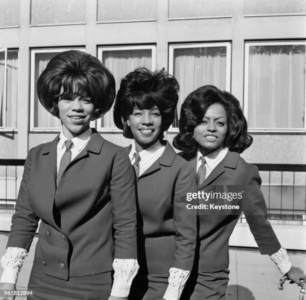 American vocal trio The Supremes in London for their first time on a promotional visit arranged by EMI, 8th October 1964. From left to right,...